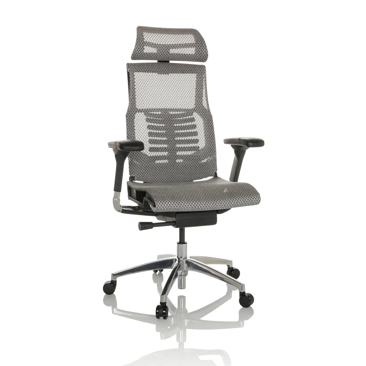 High-end Sedia da ufficio POFIT GEN2 grigio chiaro con schienale in rete e base a cinque ruote di hjh OFFICE – vista a 360° (vista frontale 15°)