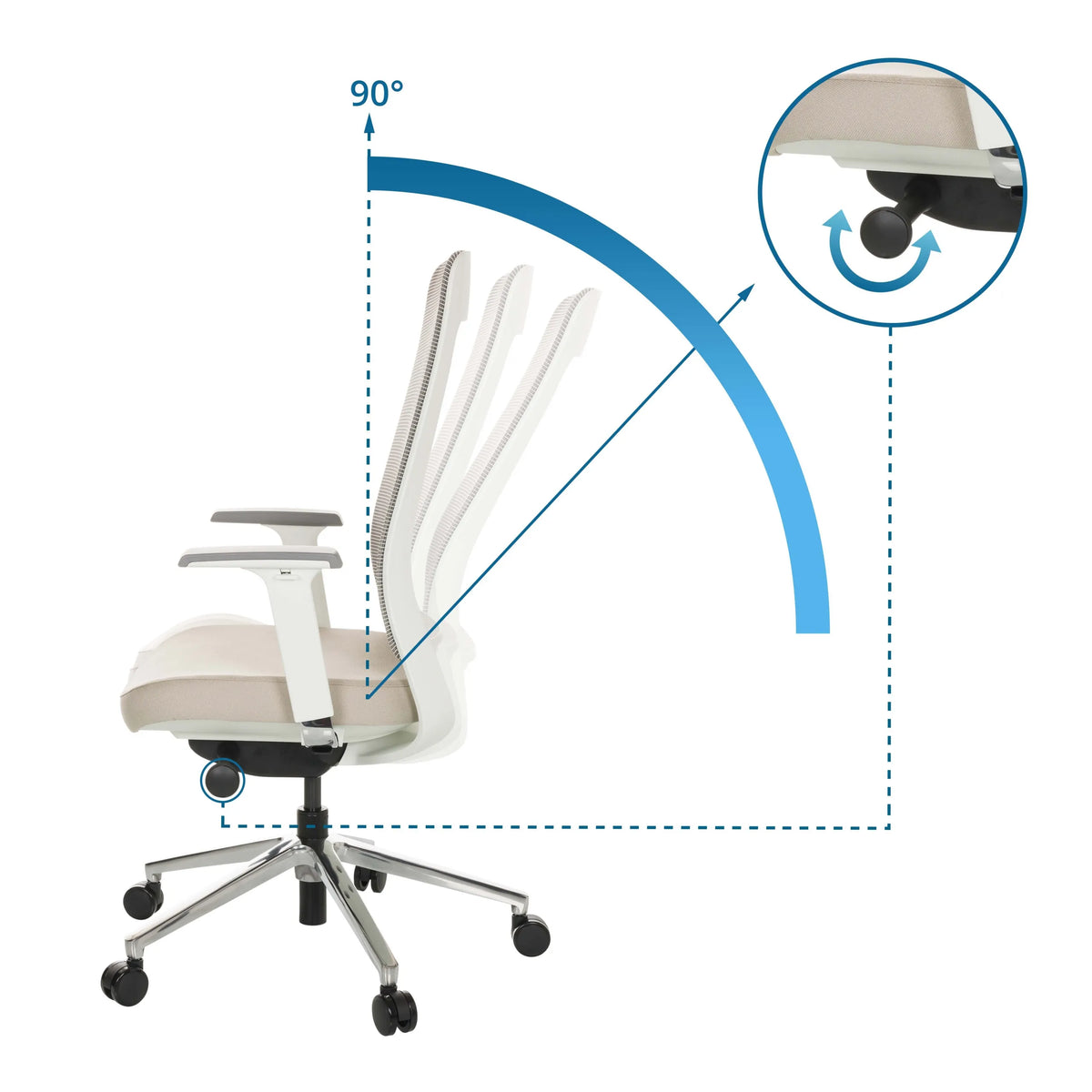 Schienale regolabile della sedia da ufficio professionale CHIARO T2 WHITE con angolo di inclinazione fino a 90° di hjh OFFICE