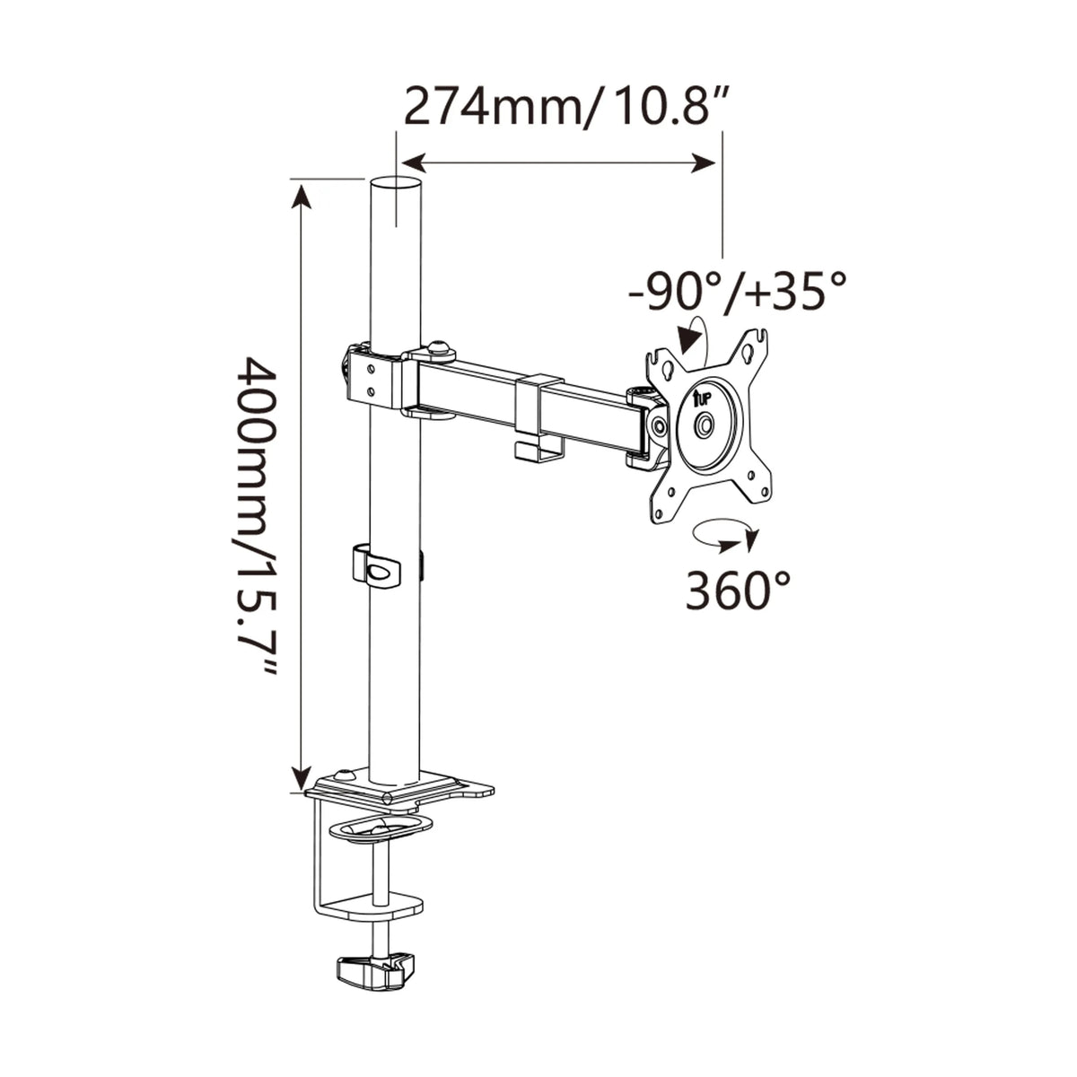 Disegno tecnico del Supporto per monitor Ergomount M1 con un'altezza di 400 mm di hjh OFFICE