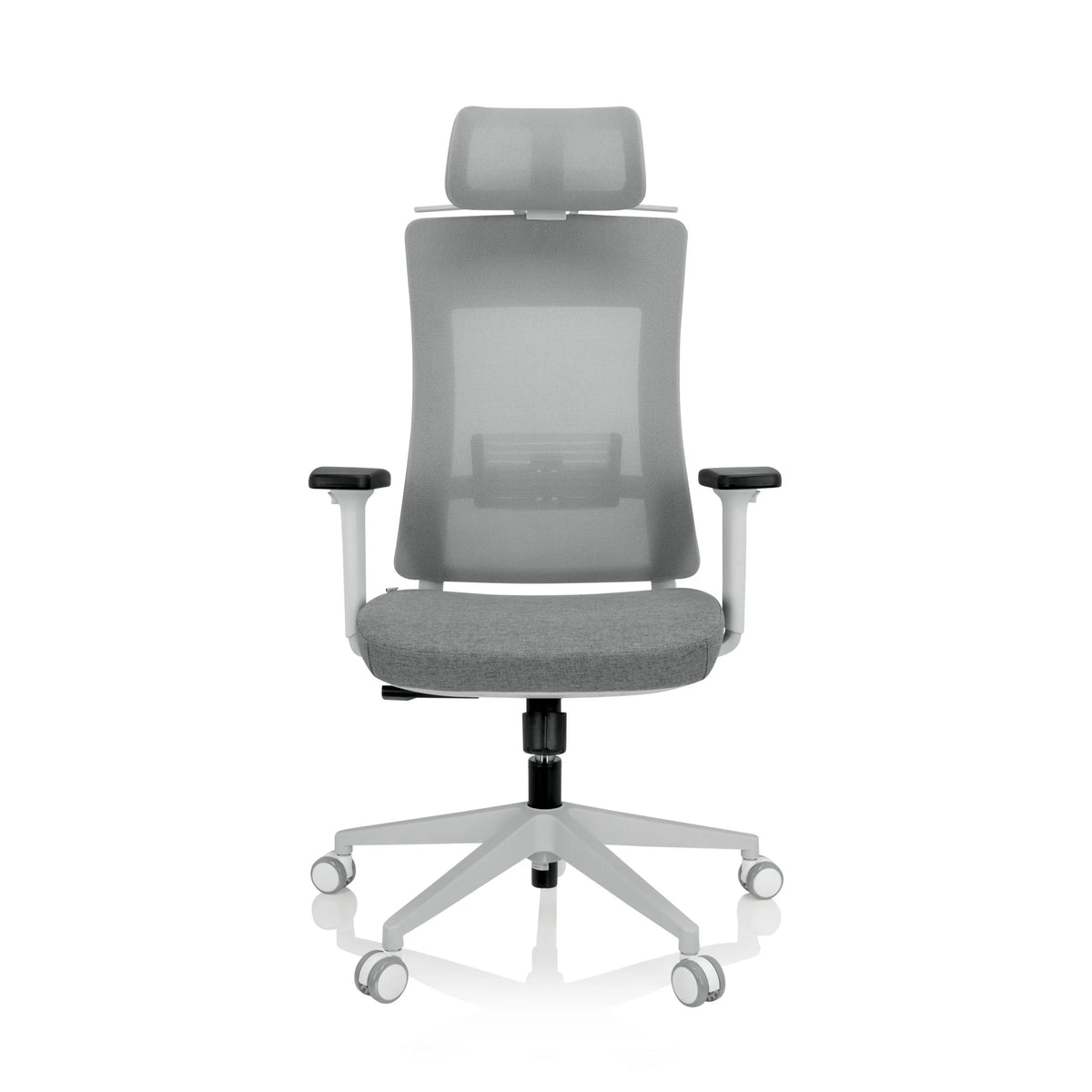 Sedia da ufficio professionale COMFIO WMH grigia con schienale in rete, poggiatesta e base a cinque ruote di hjh OFFICE – vista a 360° (vista frontale 0°)