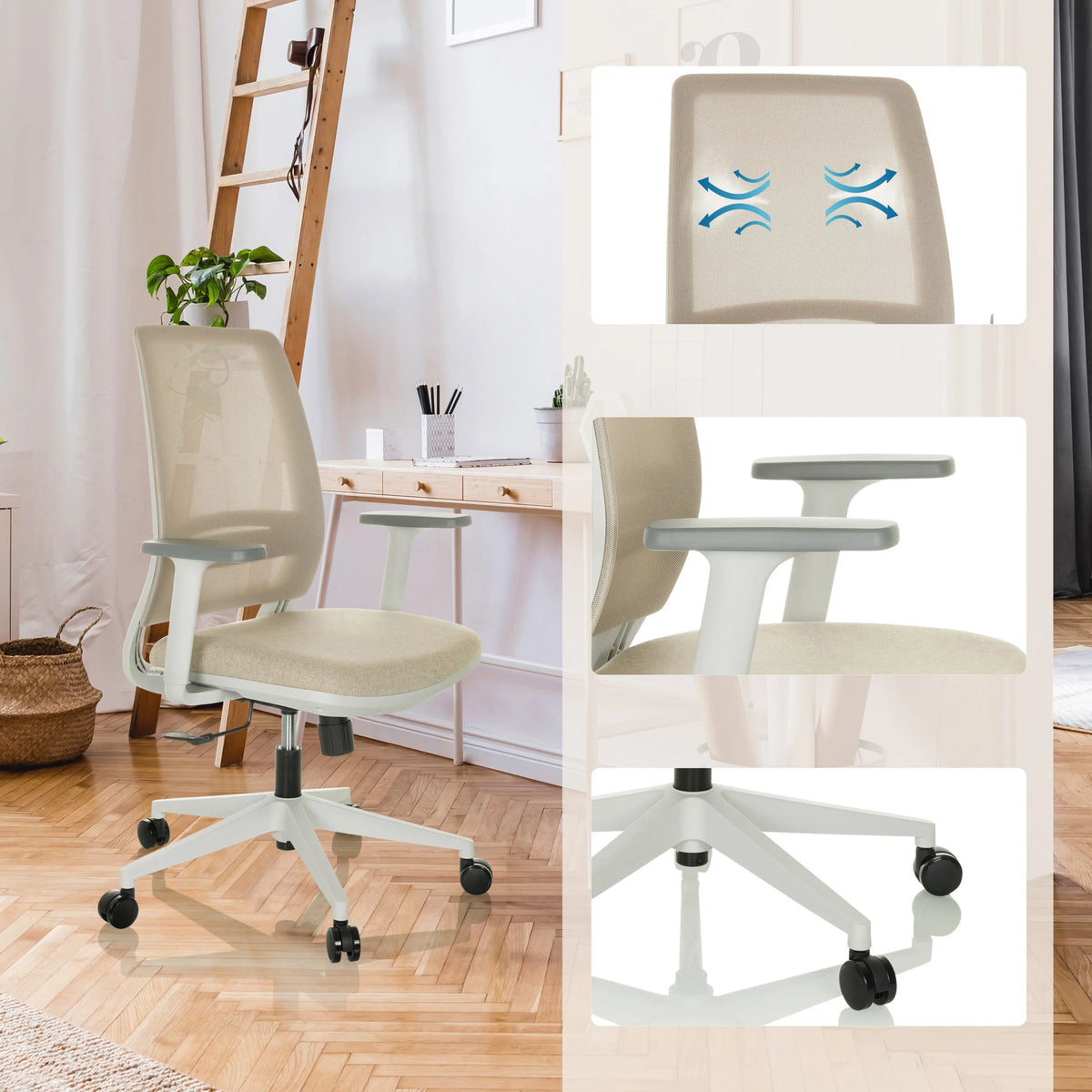 Beiger Home-Office-Bürostuhl PROFONDO ECO W mit Netzrückenlehne, verstellbaren Armlehnen und Rollen von hjh OFFICE