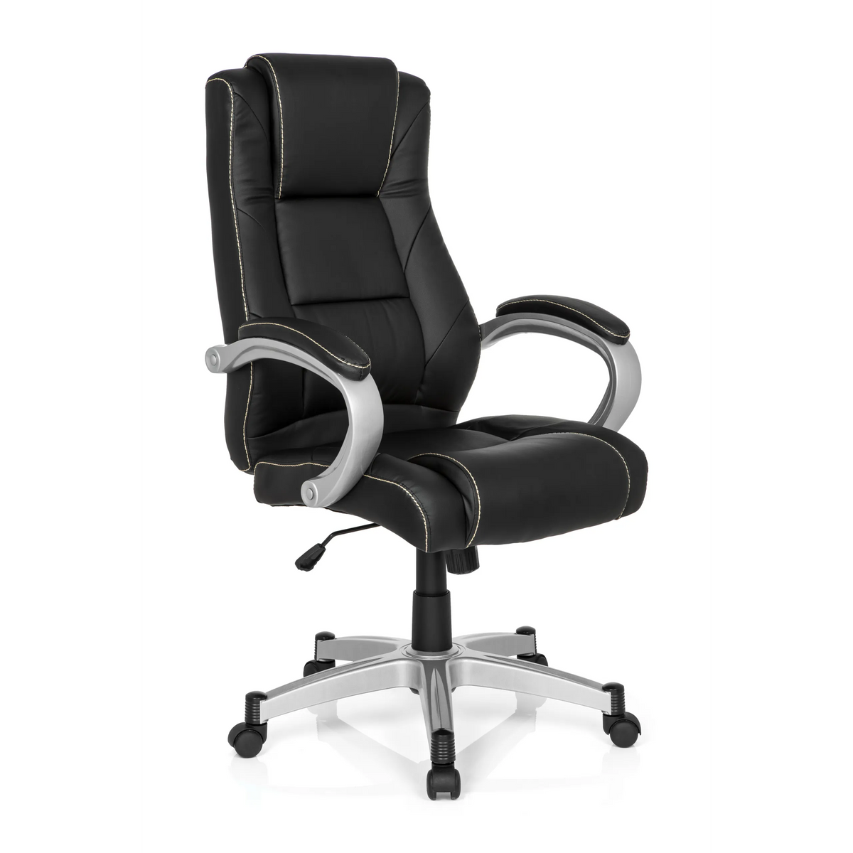 Sedia da gaming RELAX CL180 nera con imbottitura e base a cinque ruote di MyBuero – vista a 360° (vista frontale a tre quarti 40°)