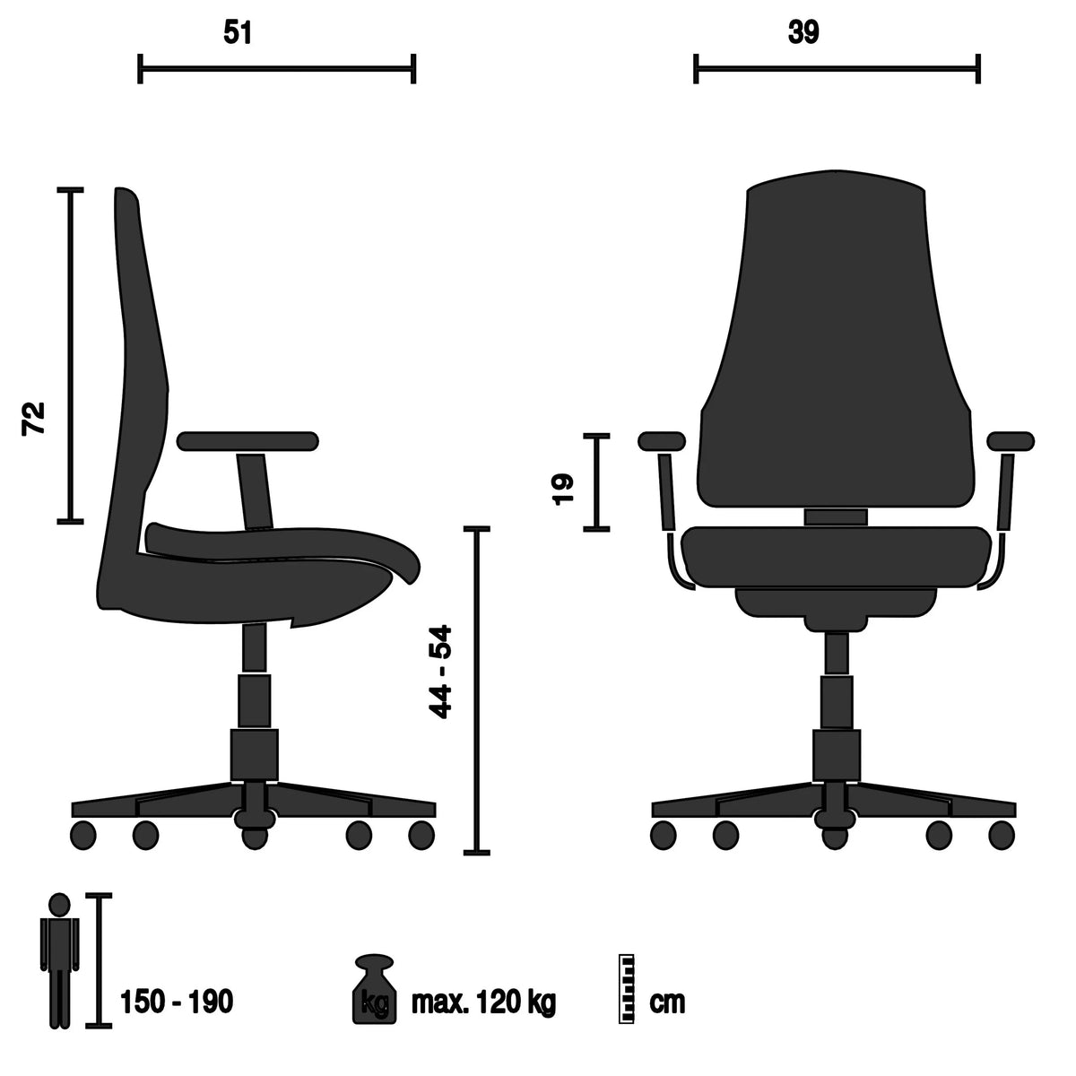 Disegno tecnico della Sedia da gaming GAMEBREAKER W01 con un'altezza dello schienale di 72 cm di MyBuero