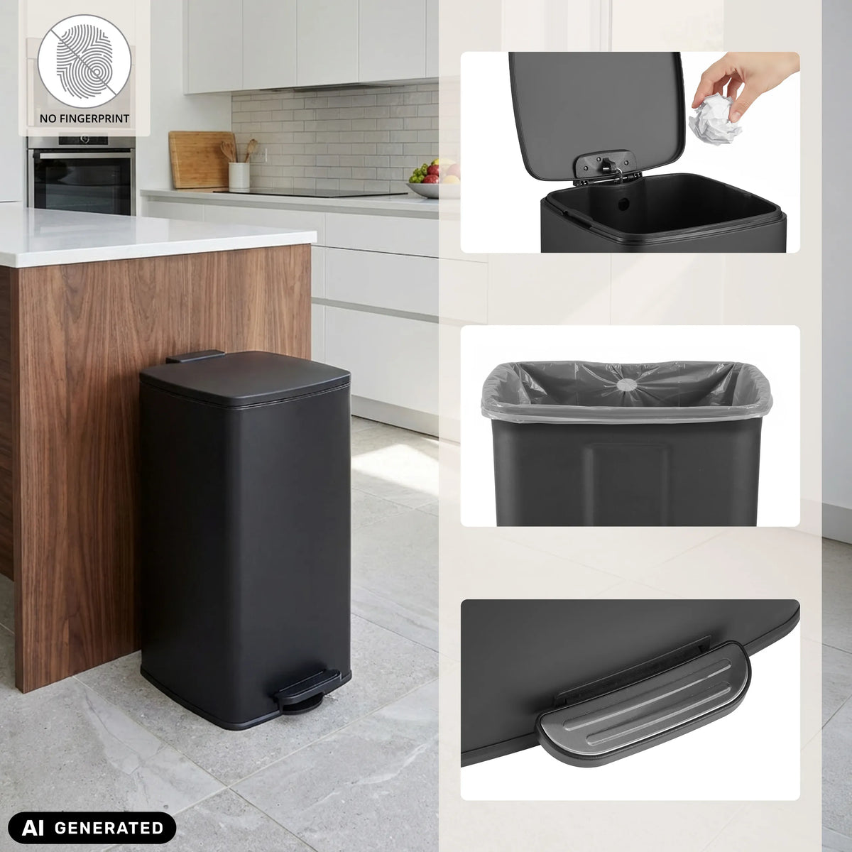 Cestino Clean Step 4 nero con pedale, secchiello interno e protezione anti-impronte di hjh OFFICE (immagine generata dall’IA)