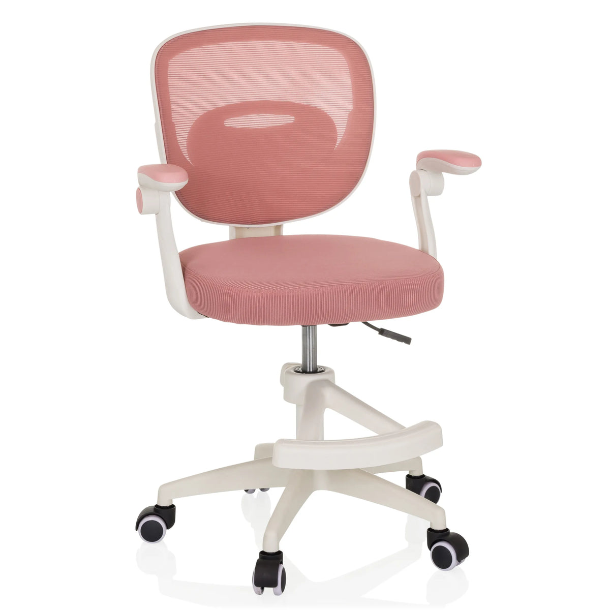 Sedia girevole per bambini KIDDY SMART rosa con schienale in rete e base a cinque ruote di hjh OFFICE – vista a 360° (vista frontale 15°)
