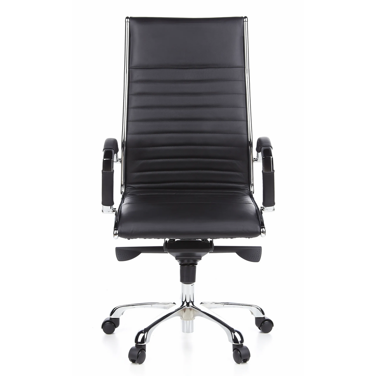 Poltrona professionale PARMA 20 nera con rivestimento in pelle trapuntata e base a cinque ruote di hjh OFFICE – vista a 360° (vista frontale 0°)