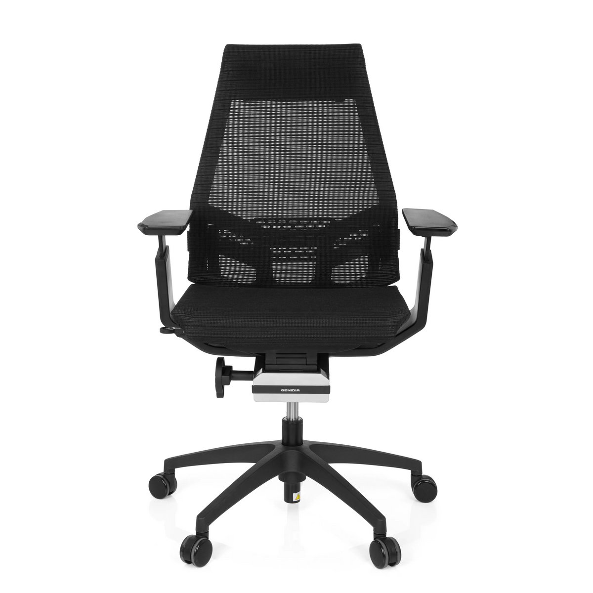 Sedia da ufficio professionale GENIDIA SMART BLACK nera con schienale in rete e base a cinque ruote di hjh OFFICE – vista a 360° (vista frontale 0°)