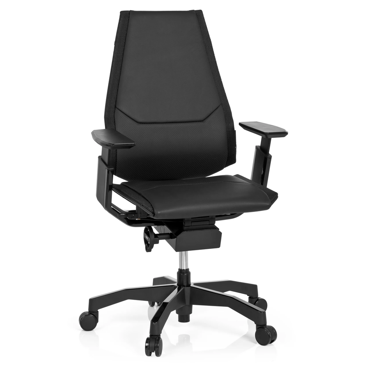 High-end Sedia da ufficio GENIDIA BLACK in pelle nera con braccioli e base a cinque ruote di hjh OFFICE – vista a 360° (vista frontale 20°)