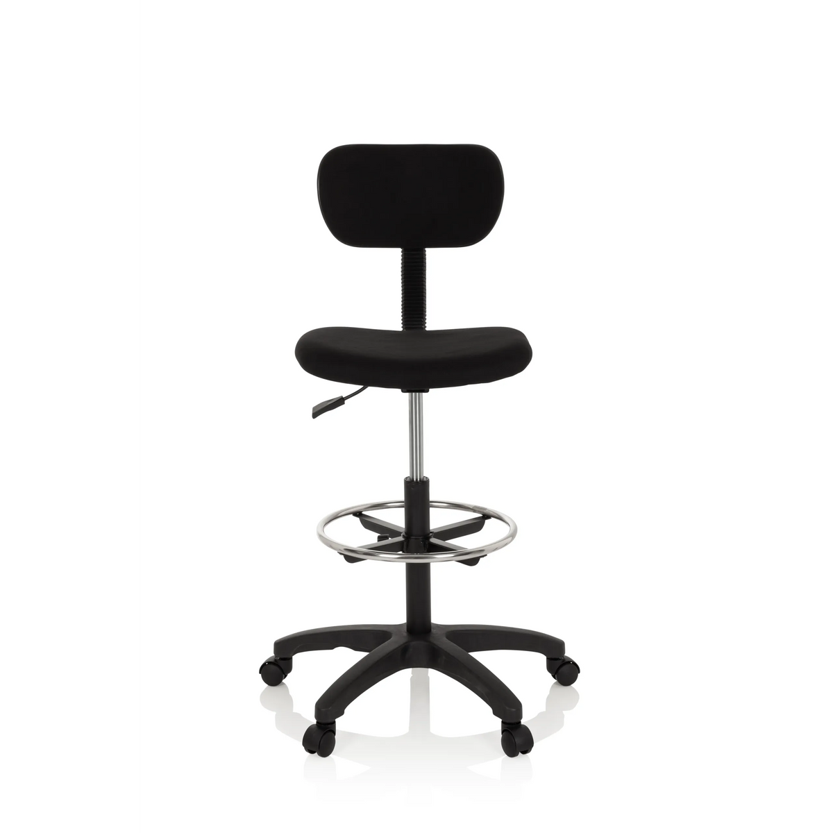 Sedia da banco TOP WORK 05 nera con poggiapiedi e base a cinque ruote di hjh OFFICE – vista a 360° (vista frontale 0°)