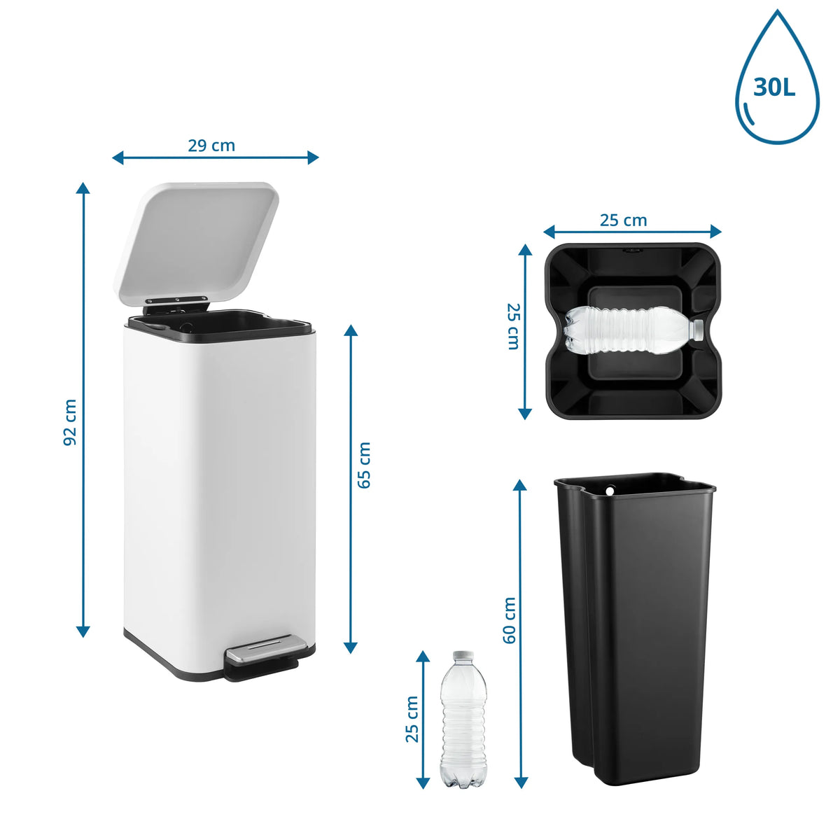 Disegno tecnico del cestino Clean Square con altezza di 92 cm e volume di 30 l di hjh OFFICE