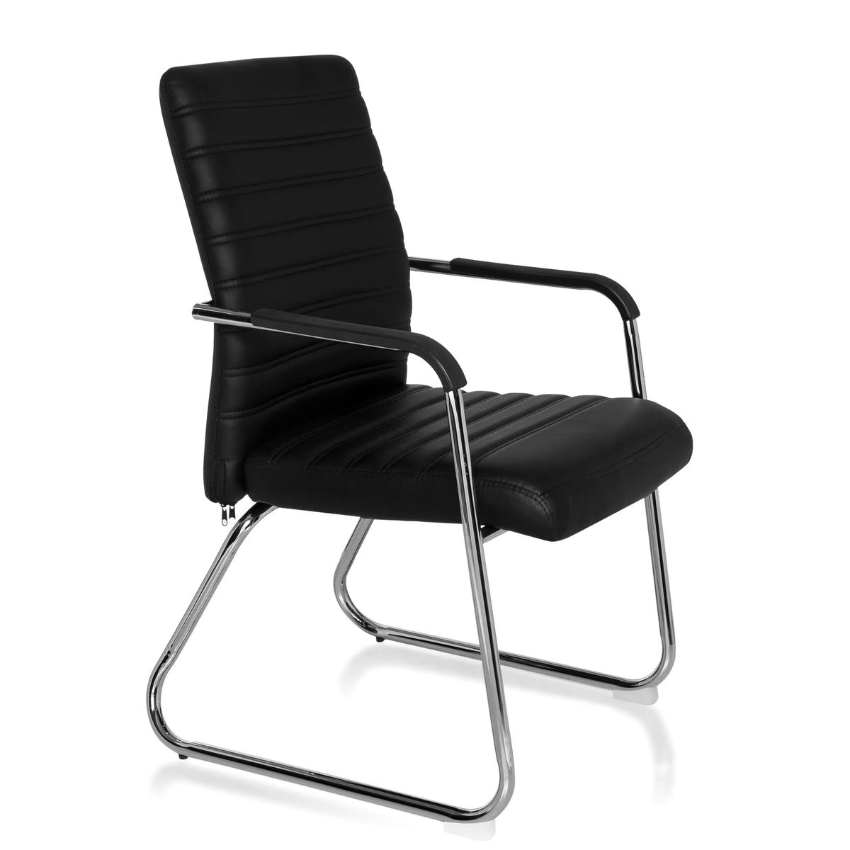 Sedia visitatore nera STEEL V con impunture trasversali e struttura a slitta di hjh OFFICE – vista a 360° (vista frontale a tre quarti 60°)