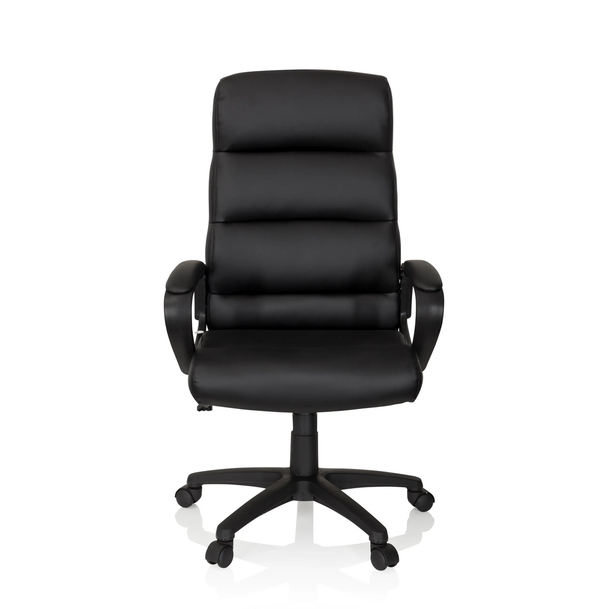 Poltrona professionale FUTURA 100 nera con imbottitura trapuntata e base a cinque ruote di hjh OFFICE – vista a 360° (vista frontale 0°)
