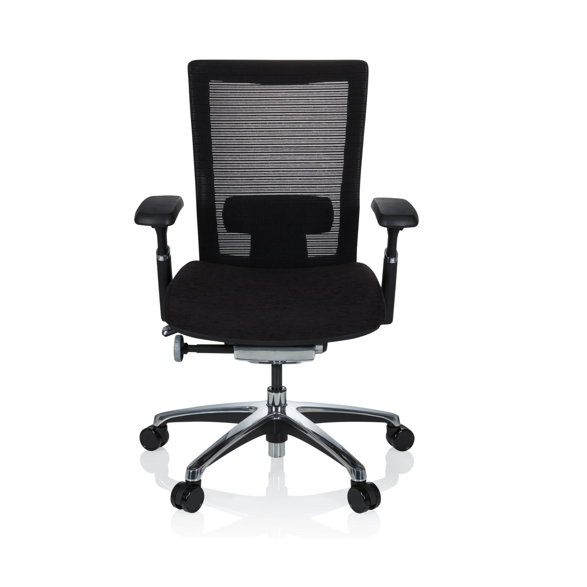 High-end Sedia da ufficio NOVA PRO ALU nera con schienale in rete e base a cinque ruote di hjh OFFICE – vista a 360° (vista frontale 0°)