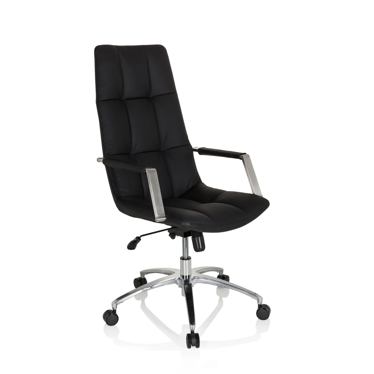Poltrona Home Office SARANTO PRO in pelle nera con base lucida a cinque ruote di hjh OFFICE – vista a 360° (vista frontale a tre quarti 38°)