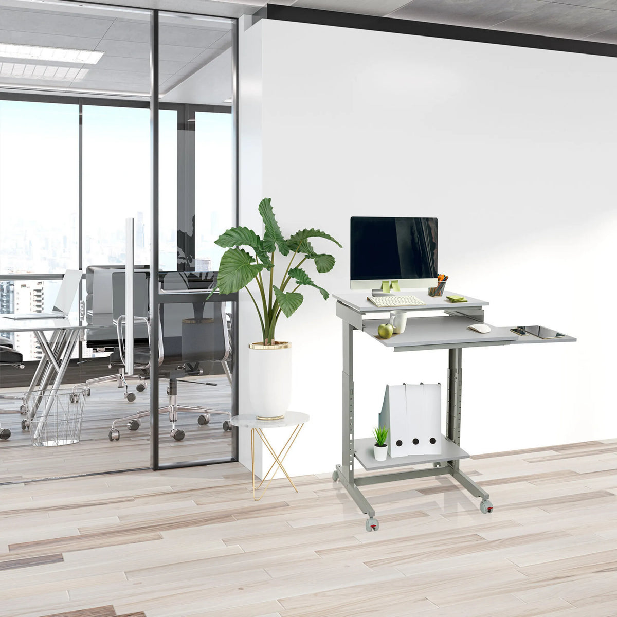 Scrivania in piedi grigia WORKSTATION di dimensioni 60 × 50 cm con vano portaoggetti e ruote di hjh OFFICE