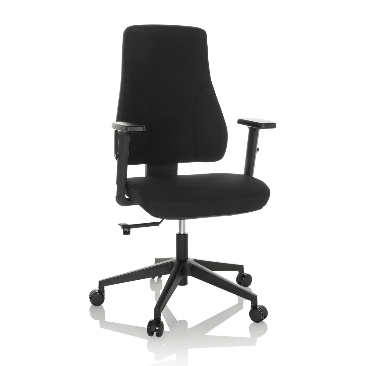 Sedia da ufficio professionale MATHES nera con braccioli e base a cinque ruote di hjh OFFICE – vista a 360° (vista frontale 15°)