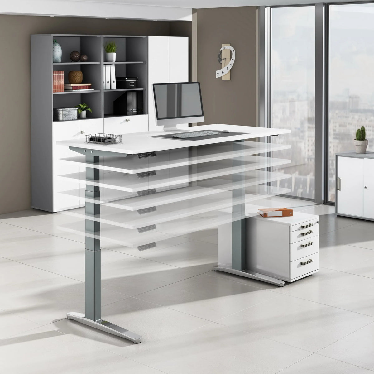 Scrivania ad altezza regolabile elettricamente XBHM 12 SS in rovere rustico con piano bianco di hjh OFFICE PRO