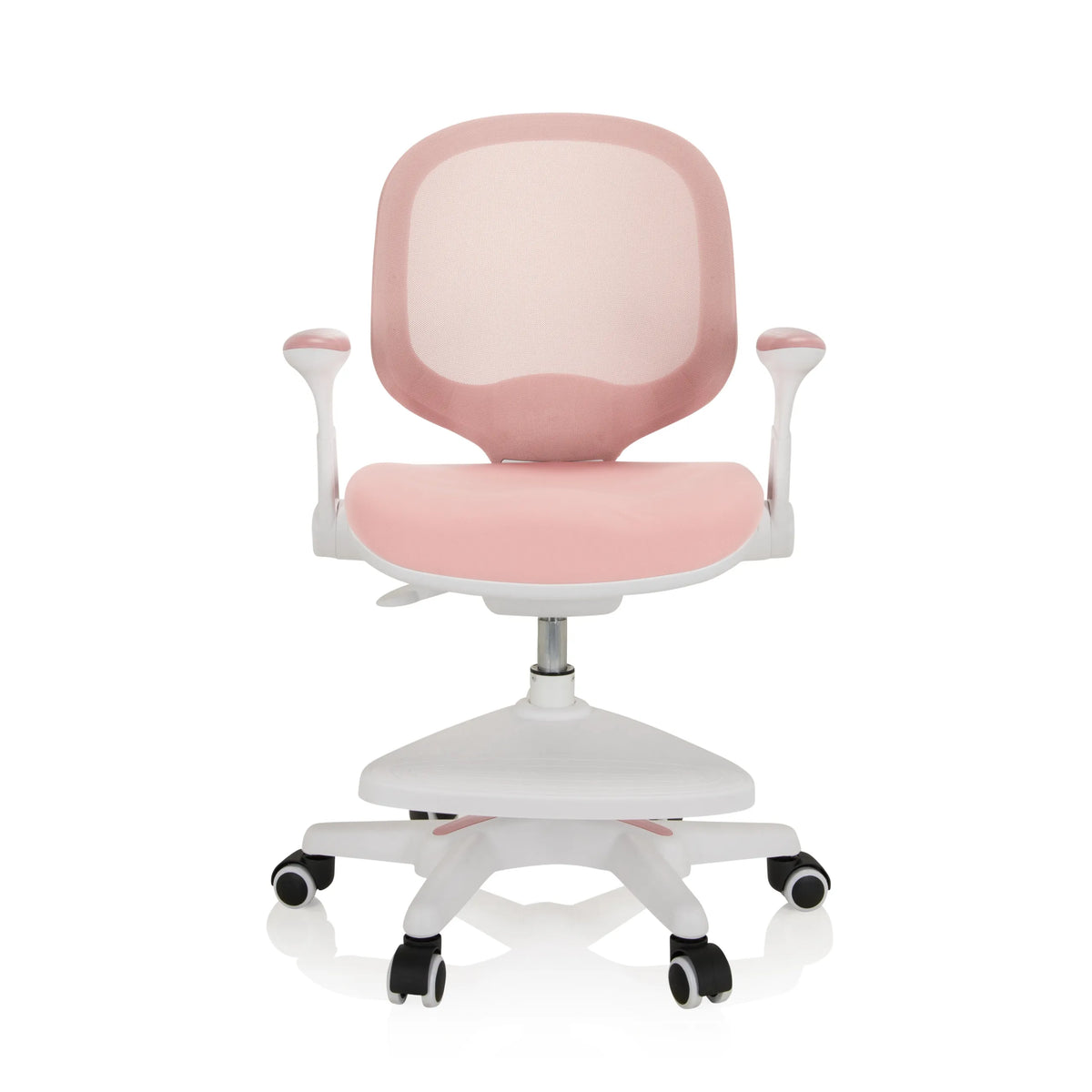 Sedia per bambini KID ERGO rosa con schienale in rete, braccioli e base bianca a cinque ruote di hjh OFFICE – vista a 360° (vista frontale 0°)