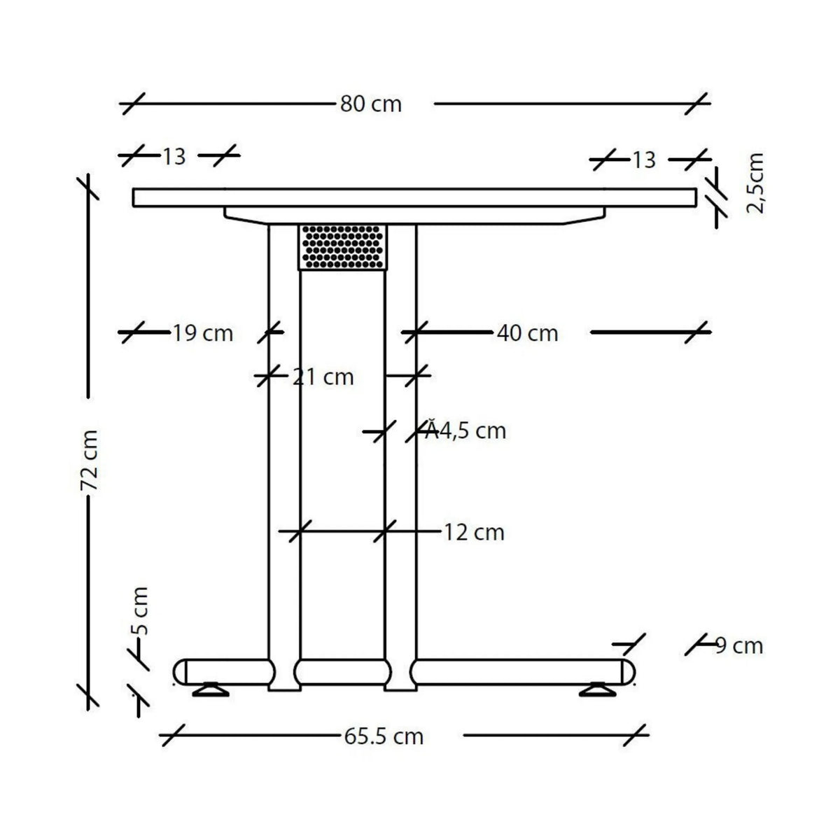 Disegno tecnico della scrivania NANO 19 S della serie NANO con una profondità di 80 cm di hjh OFFICE PRO