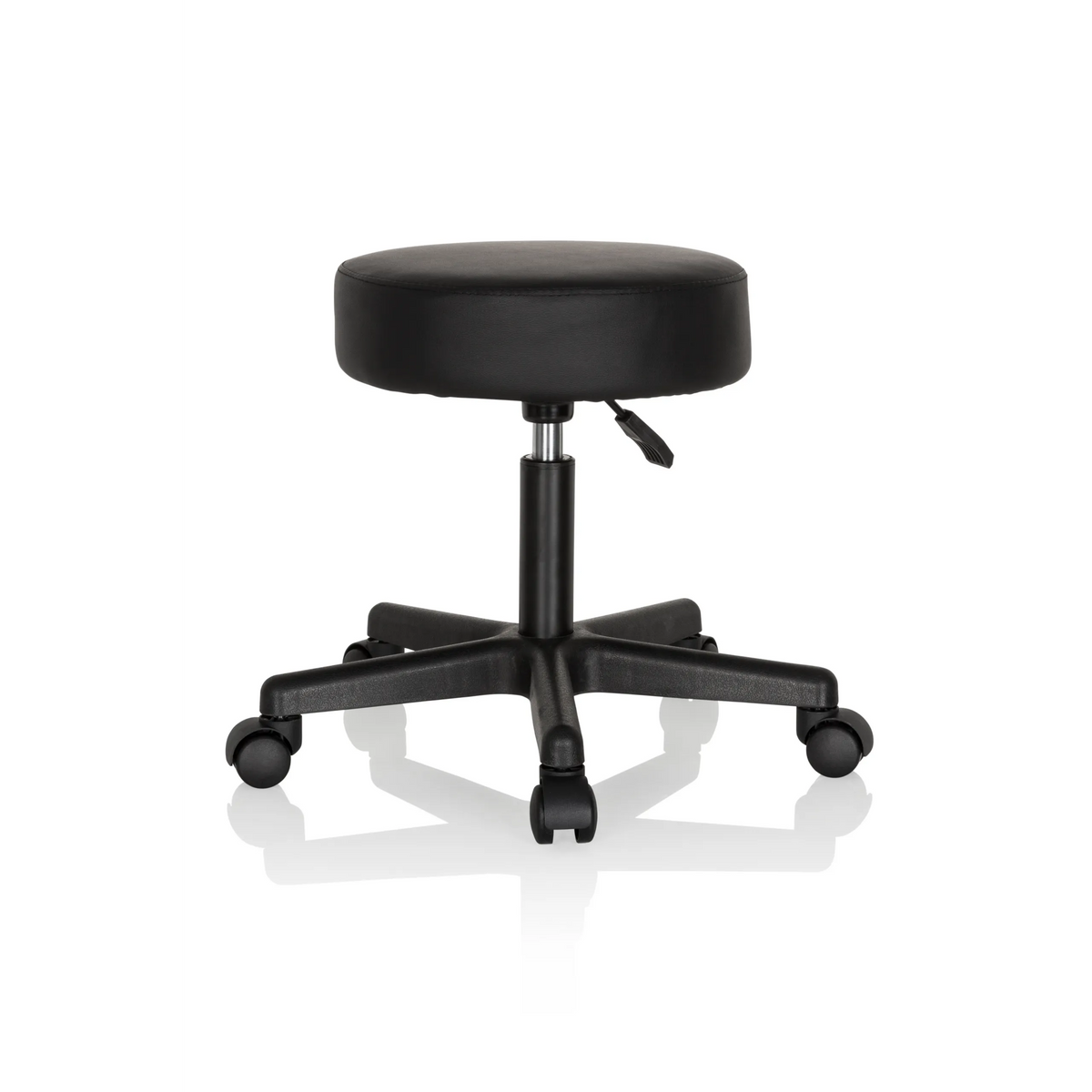 Sgabello girevole nero OPERATOR I con seduta imbottita e base a cinque ruote di hjh OFFICE – vista a 360° (vista frontale a tre quarti 40°)