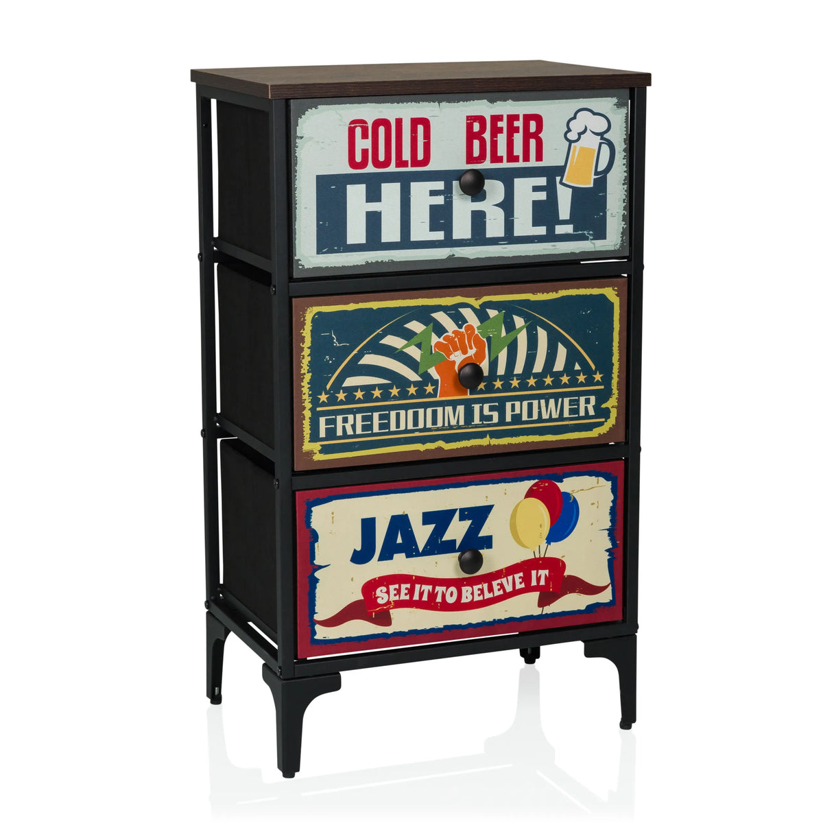 Cassettiera AMERIKO S con tre cassetti decorati in stile vintage e struttura nera di hjh LIVING – vista a 360° (vista frontale 15°)