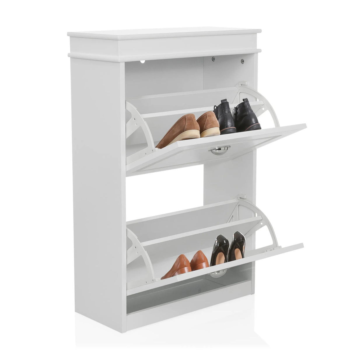Scarpiera ESTHA 2 bianca con due scomparti a ribalta aperti contenenti scarpe di hjh LIVING
