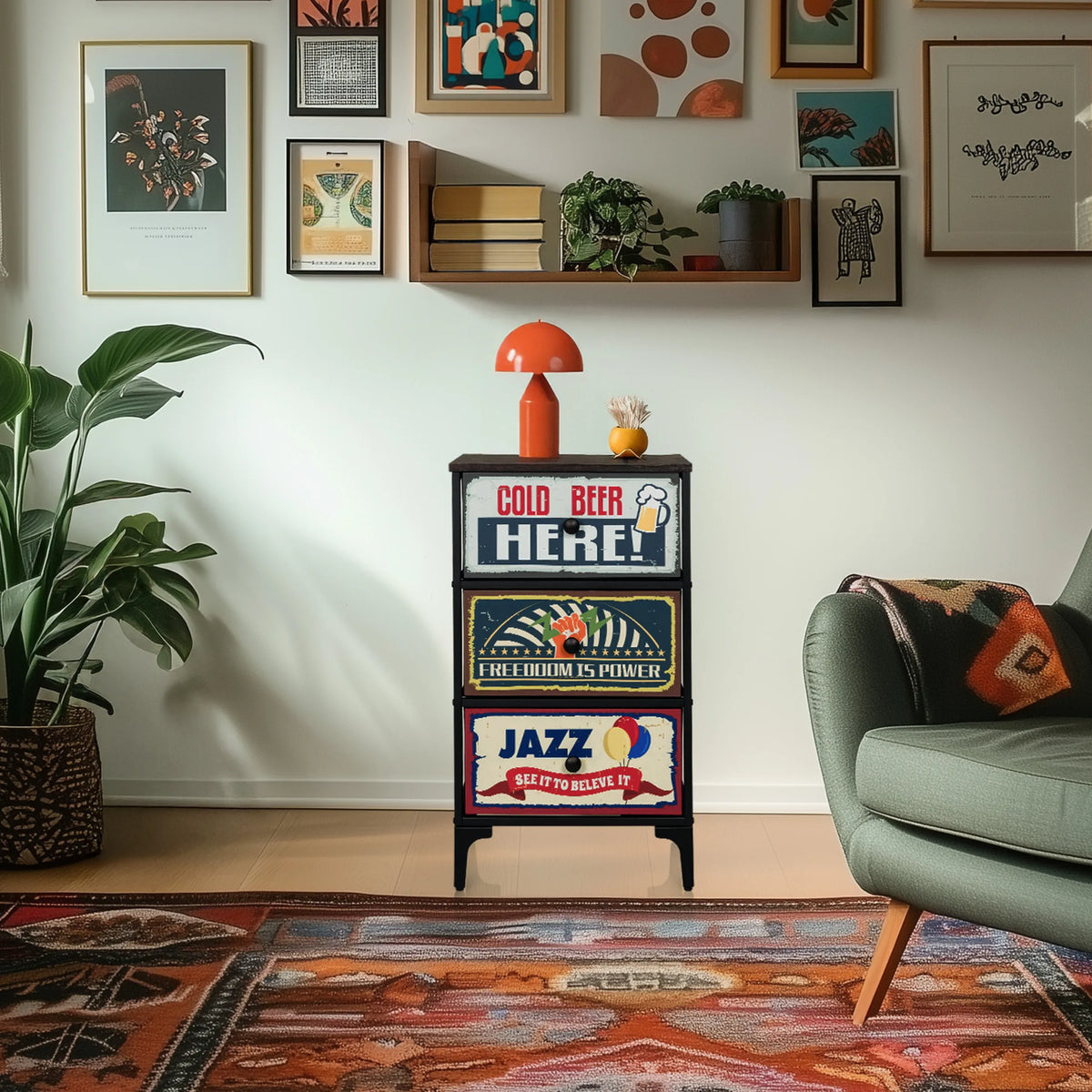 Cassettiera AMERIKO S con tre cassetti colorati a motivi e struttura nera di hjh LIVING