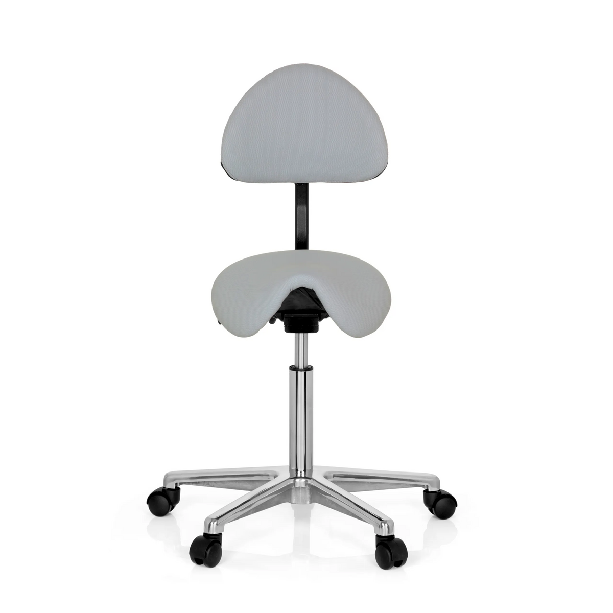 Sgabello a sella TOP WORK 20 grigio con schienale e base a cinque ruote di hjh OFFICE – vista a 360° (vista frontale 0°)