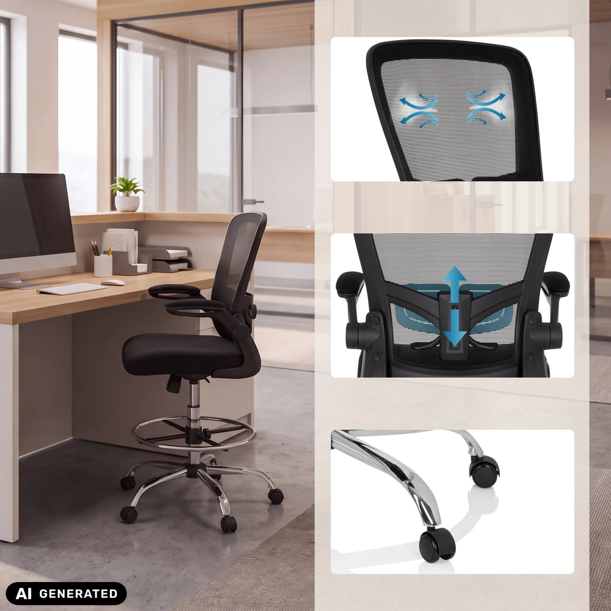 Sedia da banco VENDO WORK in nero con dettagli dello schienale e delle ruote di hjh OFFICE (immagine generata dall’IA)