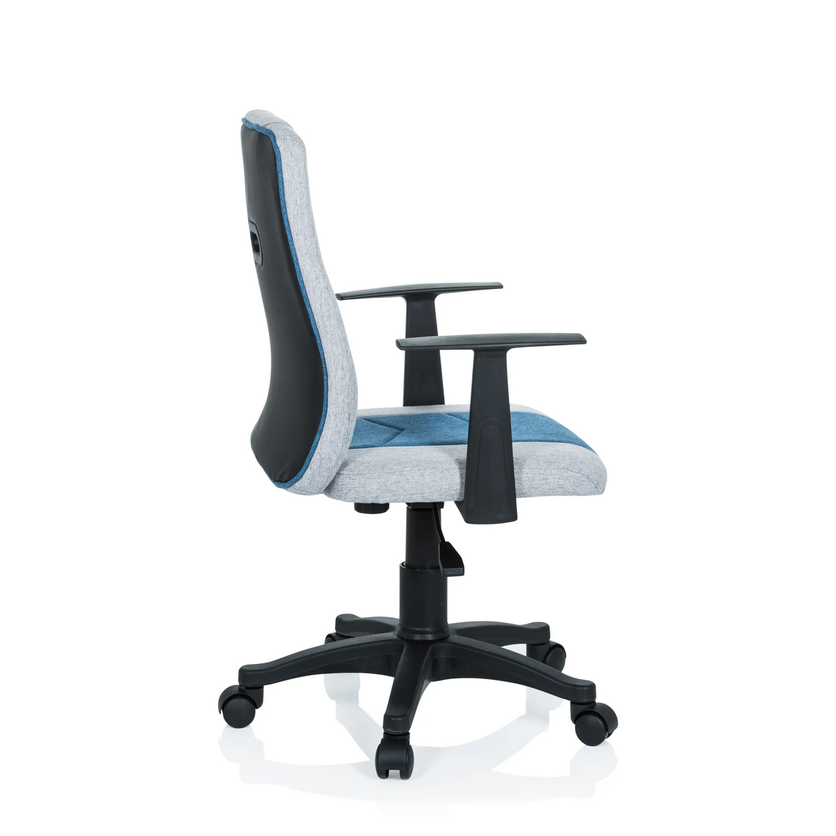 Sedia girevole per bambini KIDDY EXTRA grigio-blu con braccioli e base a cinque ruote di hjh OFFICE – vista a 360° (profilo laterale 100°)