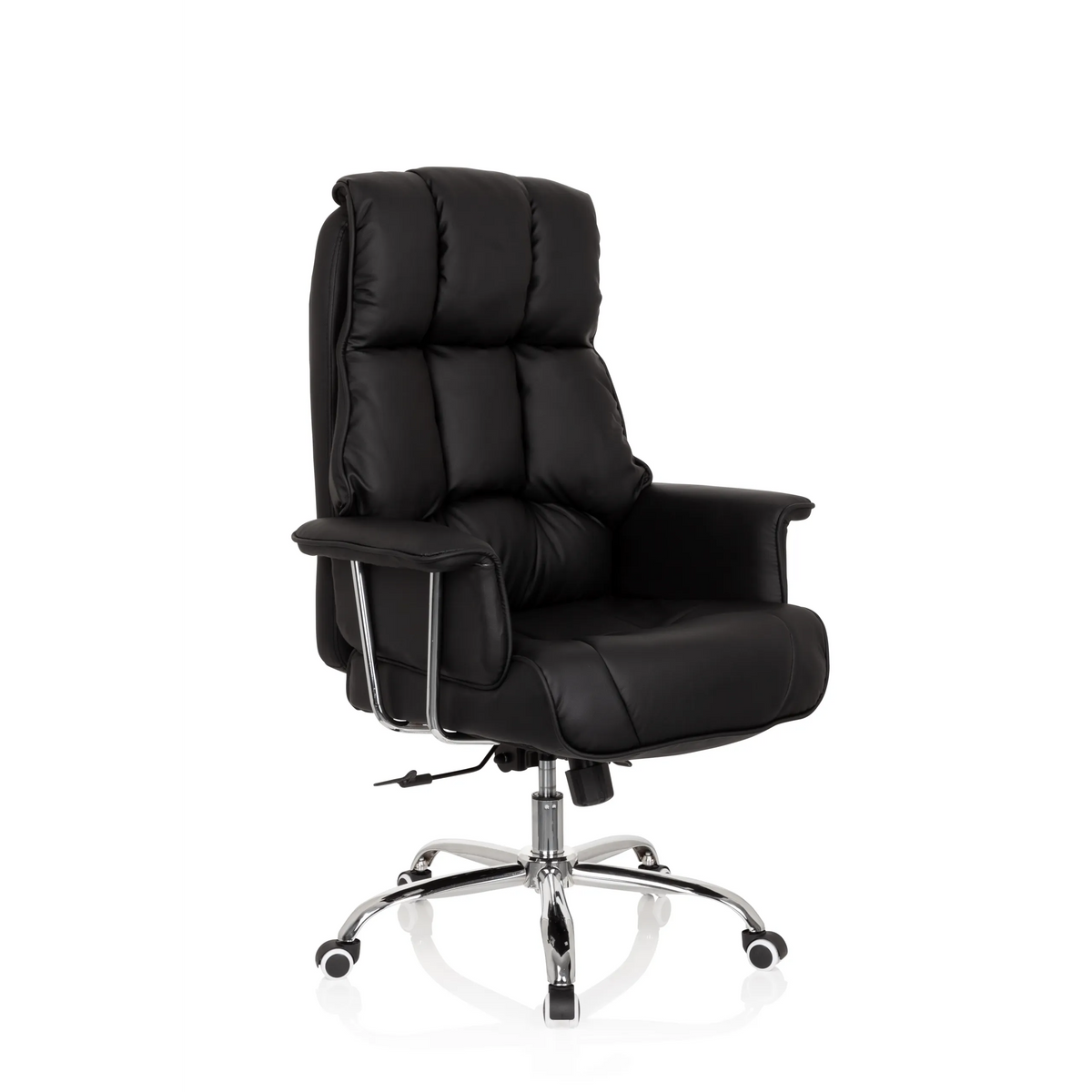 Poltrona professionale COMMANDER nera con imbottitura trapuntata e base a cinque ruote di hjh OFFICE – vista a 360° (vista frontale a tre quarti 40°)