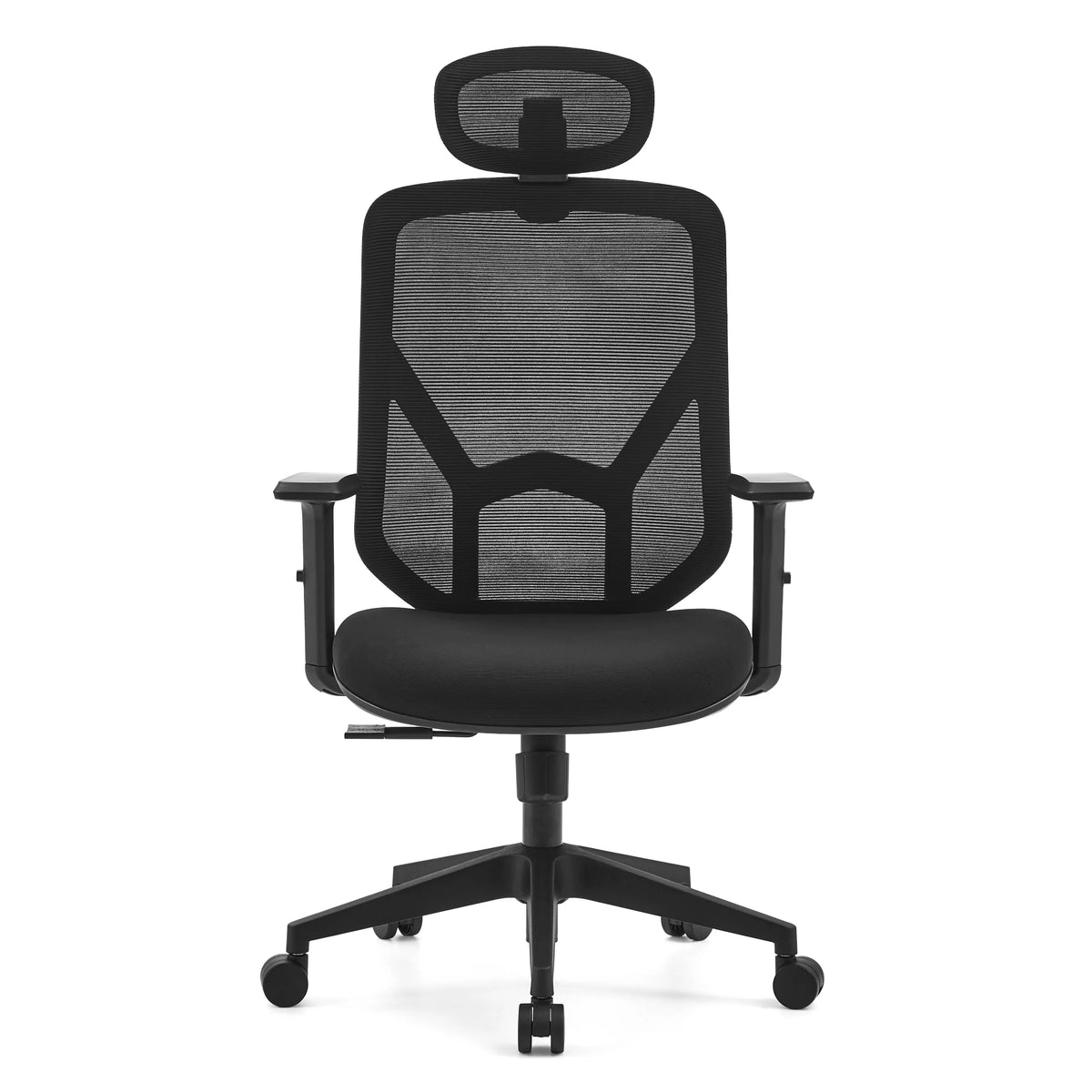 Sedia Home Office BLACORE nera con schienale in rete, poggiatesta e base a cinque ruote di MyBuero – vista a 360° (vista frontale 0°)