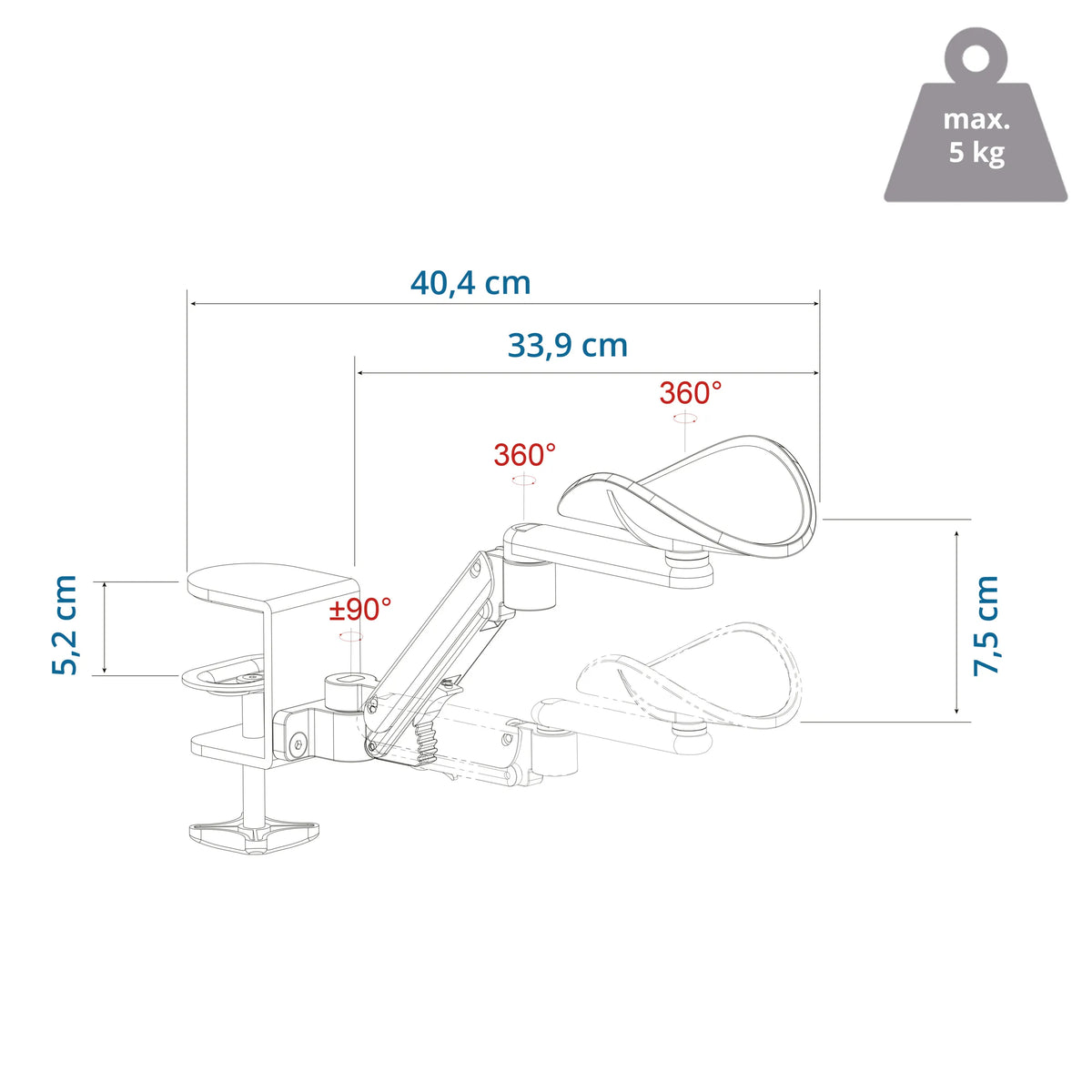 Disegno tecnico del Bracciolo RELEX RT1 con lunghezza di 40,4 cm e portata di 5 kg di hjh OFFICE