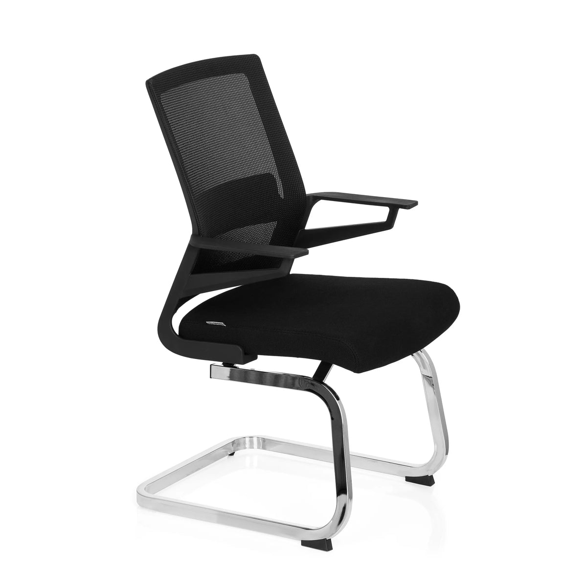 Sedia a sbalzo INVENTOR V nera con schienale in rete, braccioli e base a slitta di hjh OFFICE – vista a 360° (vista frontale a tre quarti 60°)