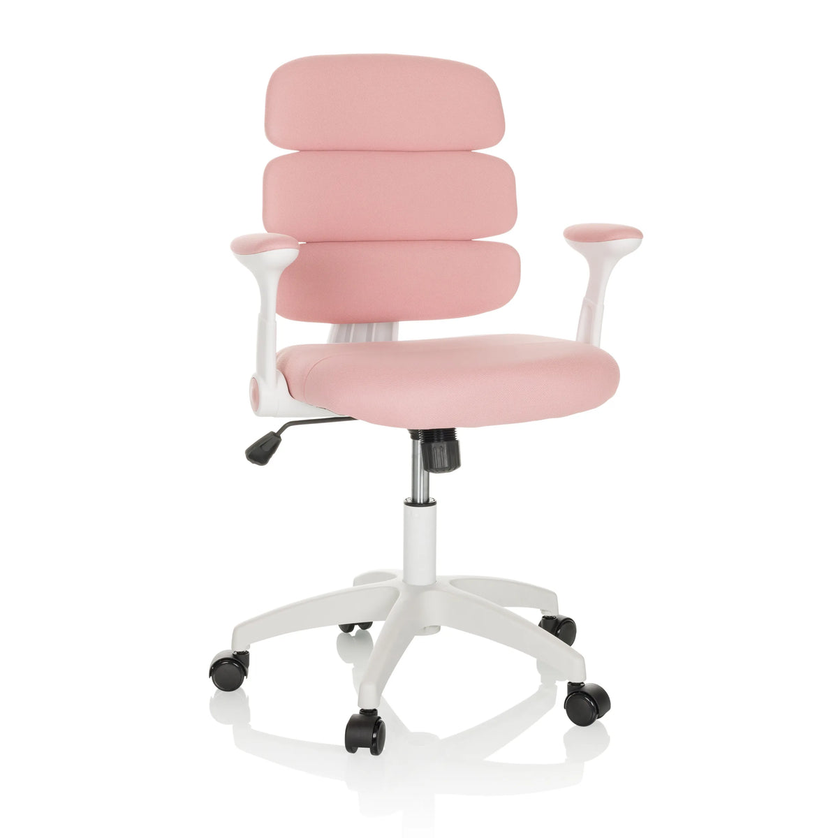 Sedia girevole per bambini KID ERGOLINO W rosa con schienale segmentato e base bianca a cinque ruote di hjh OFFICE – vista a 360° (vista frontale 15°)