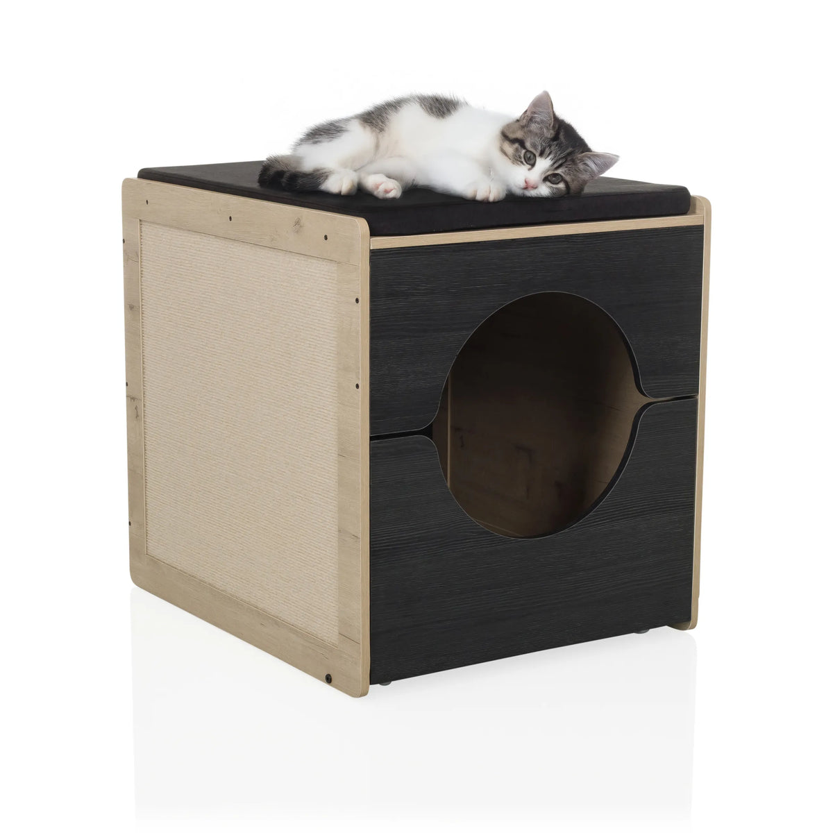 Cuccia per gatto KITTY PAWBOX 2 in nero e rovere con un gatto sdraiato sul tetto di hjh LIVING