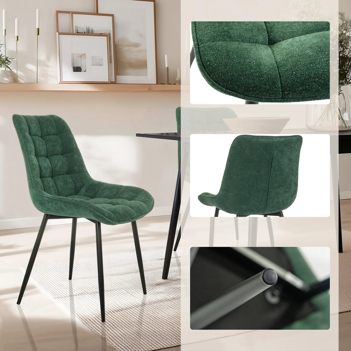 Sedia per sala da pranzo ELARIS color petrolio con imbottitura trapuntata e gambe nere, incluse viste dettagliate di hjh LIVING