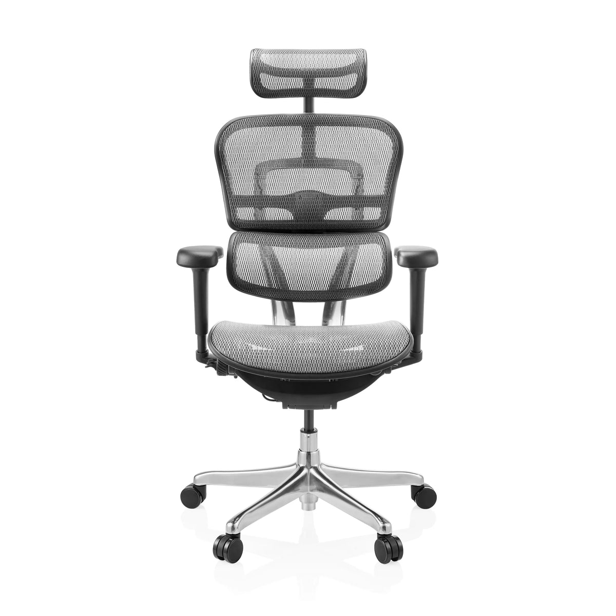 Poltrona di lusso grigia ERGOHUMAN ULTRA GEN2 con schienale in rete, poggiatesta e base a cinque ruote di hjh OFFICE – vista a 360° (vista frontale 0°)