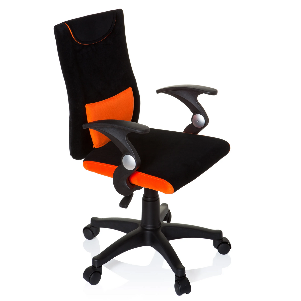 Sedia girevole per bambini KIDDY PRO AL nero-arancione con cuscino lombare e base a cinque ruote di hjh OFFICE – vista a 360° (vista frontale a tre quarti 60°)