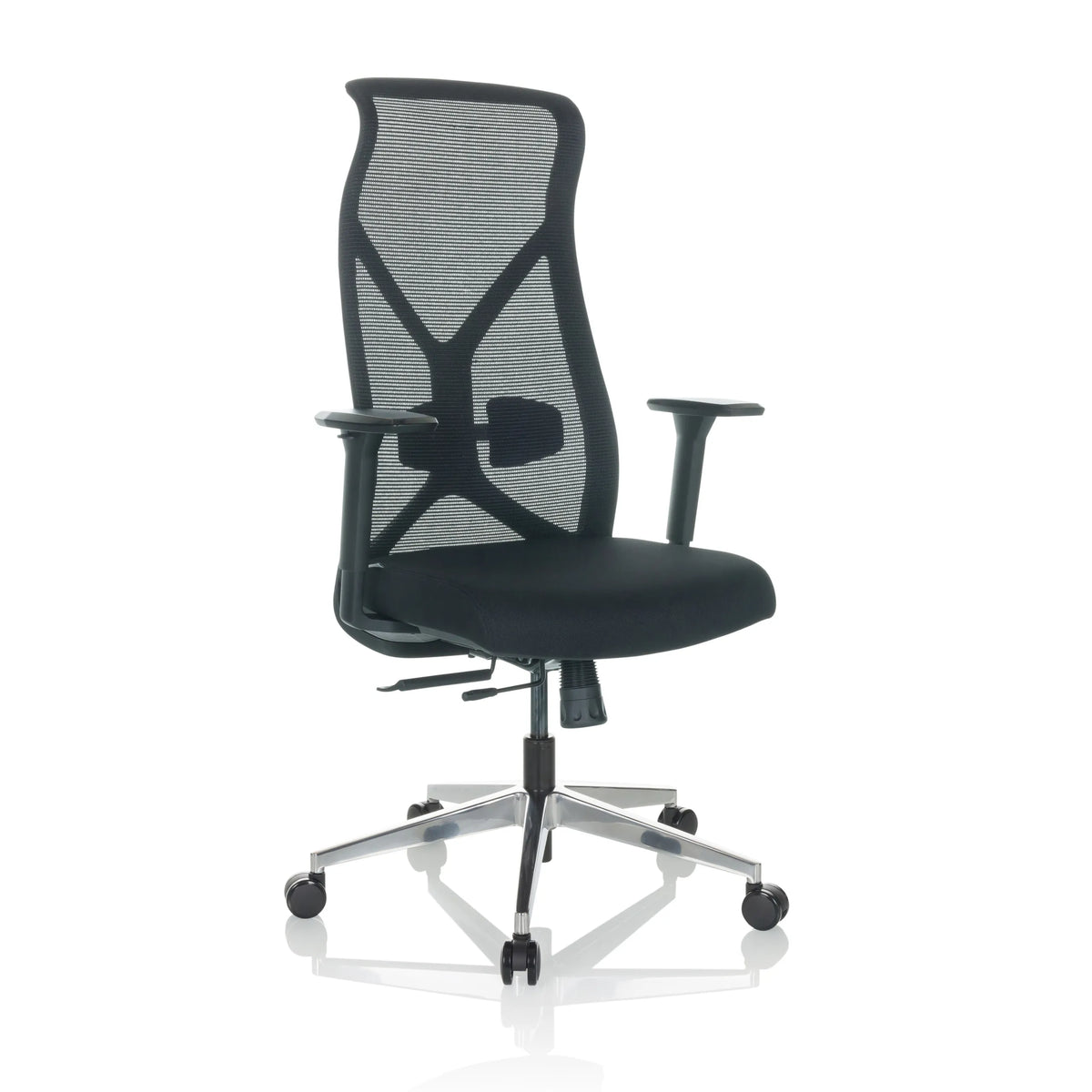 Sedia da ufficio professionale AZURRO B nera con schienale in rete e base a cinque ruote di hjh OFFICE – vista a 360° (vista frontale a tre quarti 30°)