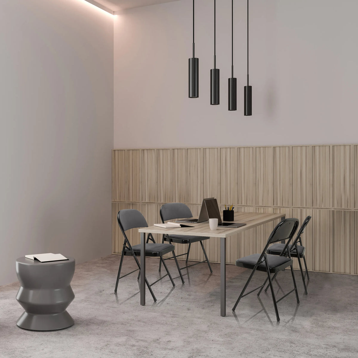 Sedie pieghevoli TUDELA I grigio scuro con rivestimento in velluto a un tavolo da riunione di hjh OFFICE