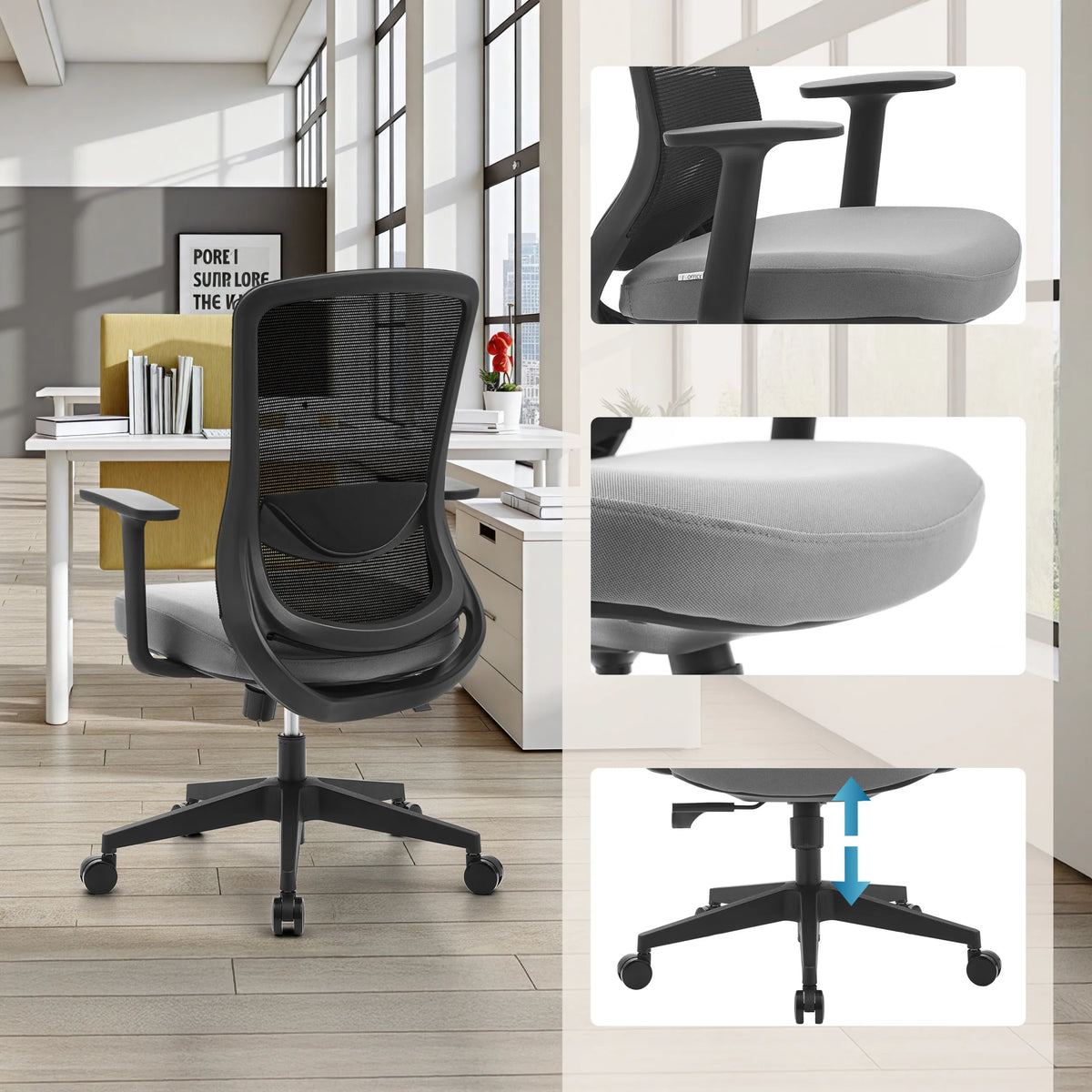 Sedia Home Office Sedito in nero-grigio con braccioli regolabili e pistone a gas di hjh OFFICE