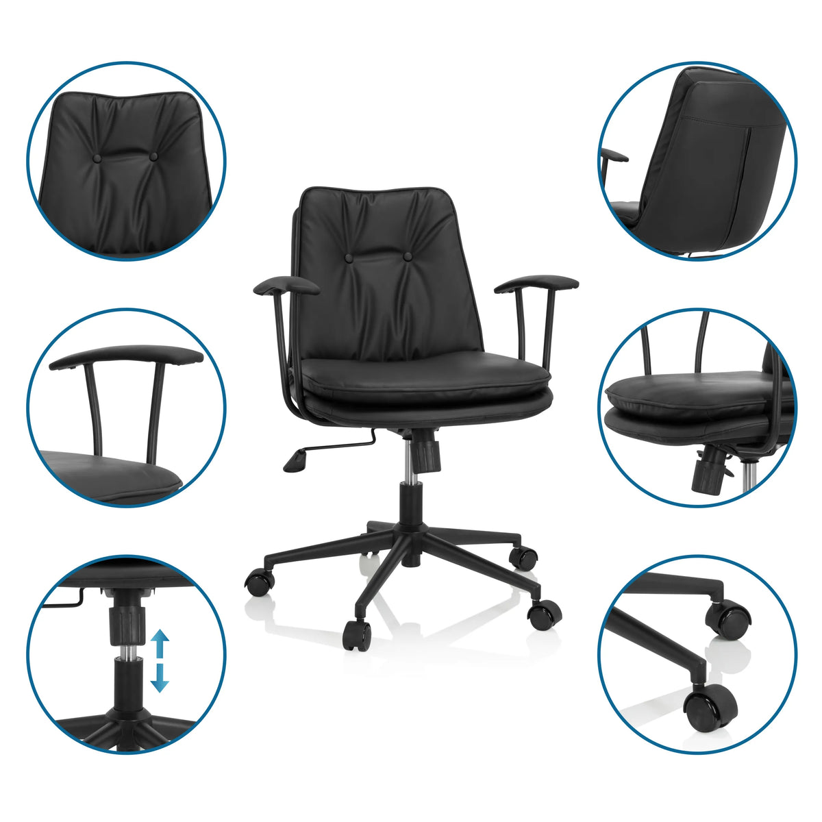 Sedia Home Office SMALLO nera con viste dettagliate dello schienale, dei braccioli e delle rotelle di hjh OFFICE