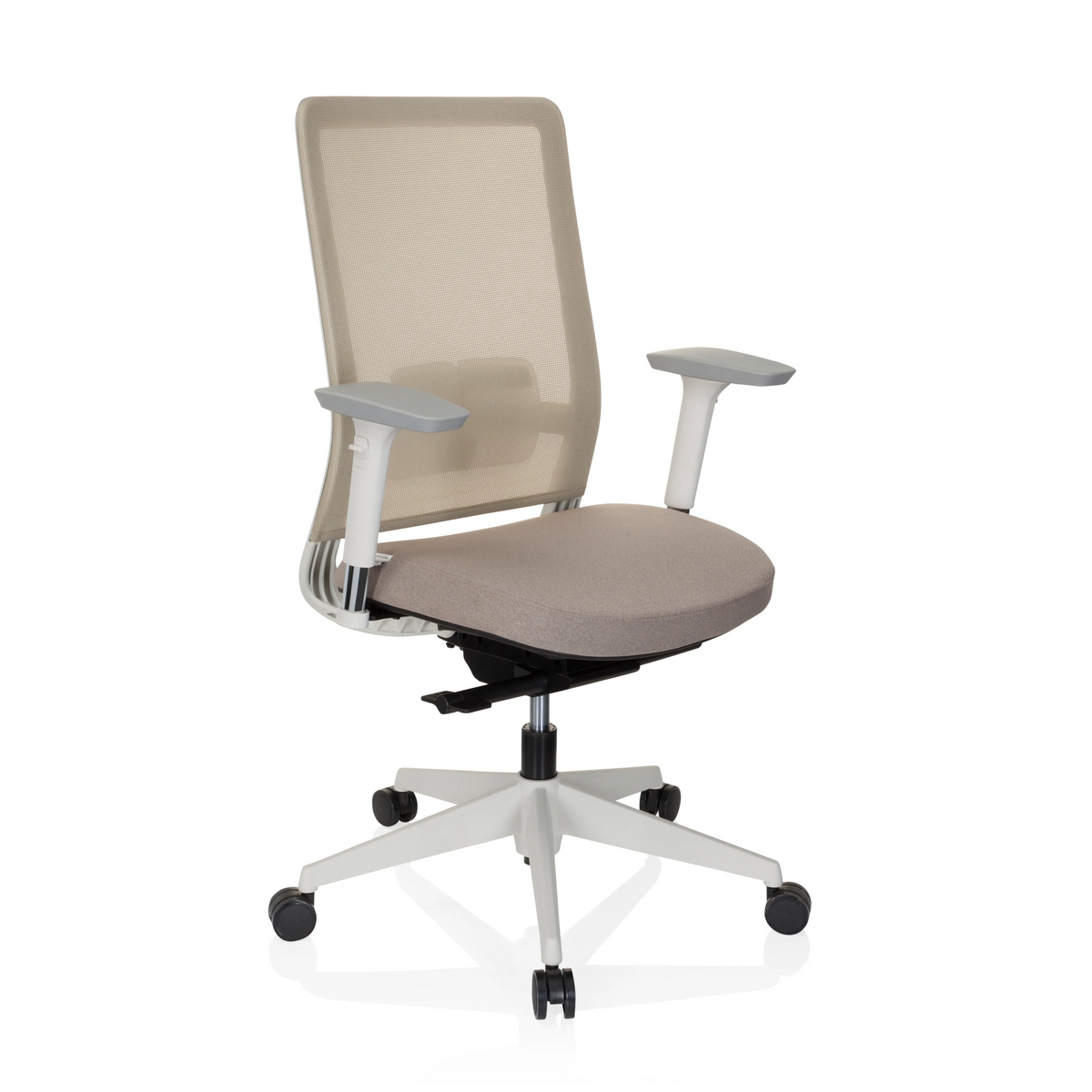 Beiger Profi-Bürostuhl PURE WHITE mit Netzrücken und Fußkreuz mit fünf Rollen von hjh OFFICE – 360-Grad-Ansicht (schräge Frontansicht 40°)