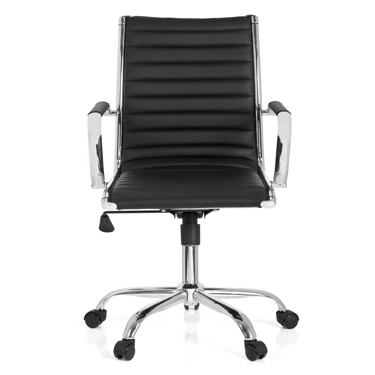 Poltrona professionale VEMONA 10 nera con impunture trasversali e base a cinque ruote di hjh OFFICE – vista a 360° (vista frontale 0°)