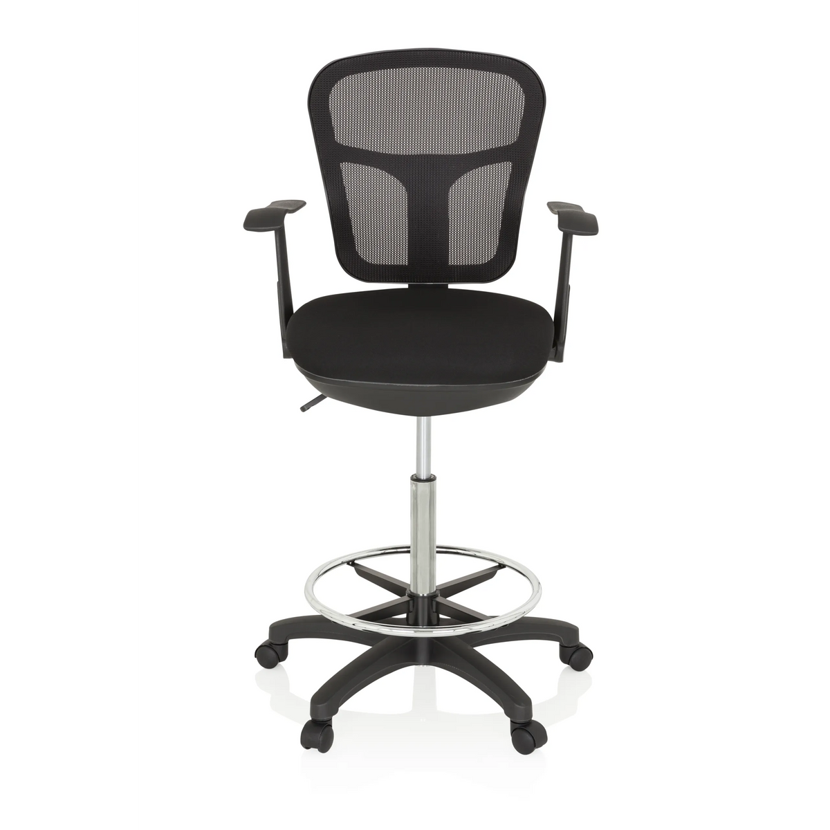 Sedia da banco TOP WORK 108 nera con schienale in rete, poggiapiedi e base a cinque ruote di hjh OFFICE – vista a 360° (vista frontale 0°)