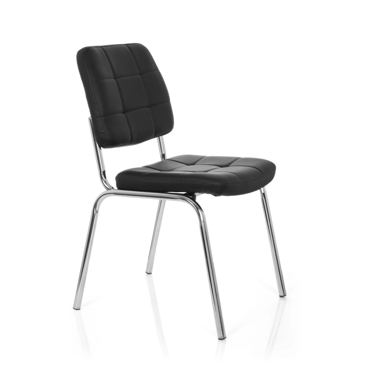 Sedia a quattro gambe PICENO V nera con imbottitura trapuntata e struttura in cromo di hjh OFFICE – vista a 360° (vista frontale a tre quarti 60°)