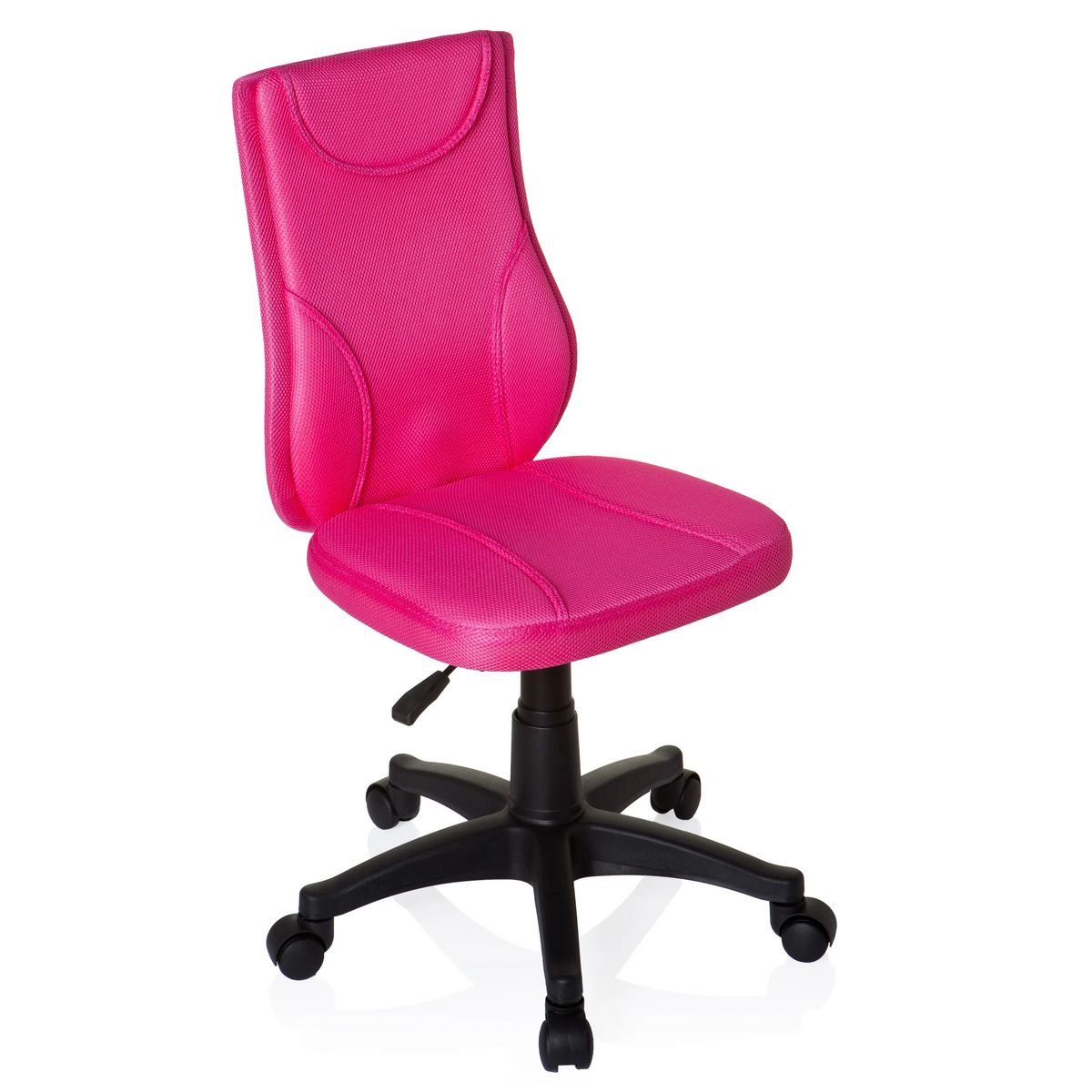 Sedia girevole per bambini KIDDY BASE rosa con schienale in rete e base nera a cinque ruote di hjh OFFICE – vista a 360° (vista frontale a tre quarti 40°)