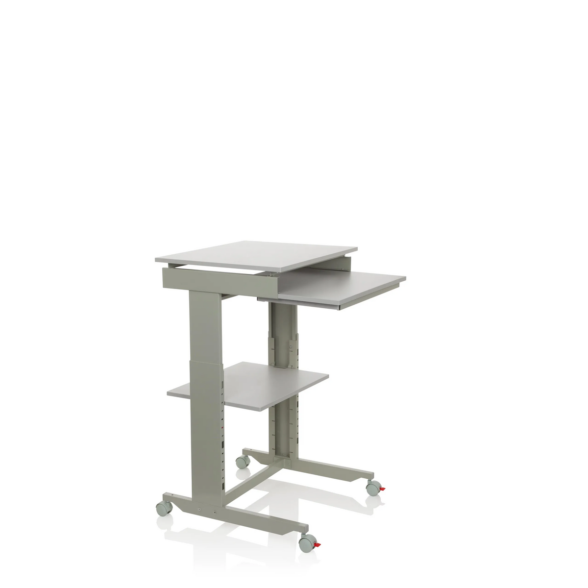Scrivania in piedi grigia WORKSTATION con ripiano e quattro ruote di hjh OFFICE – vista a 360° (vista frontale a tre quarti 60°)