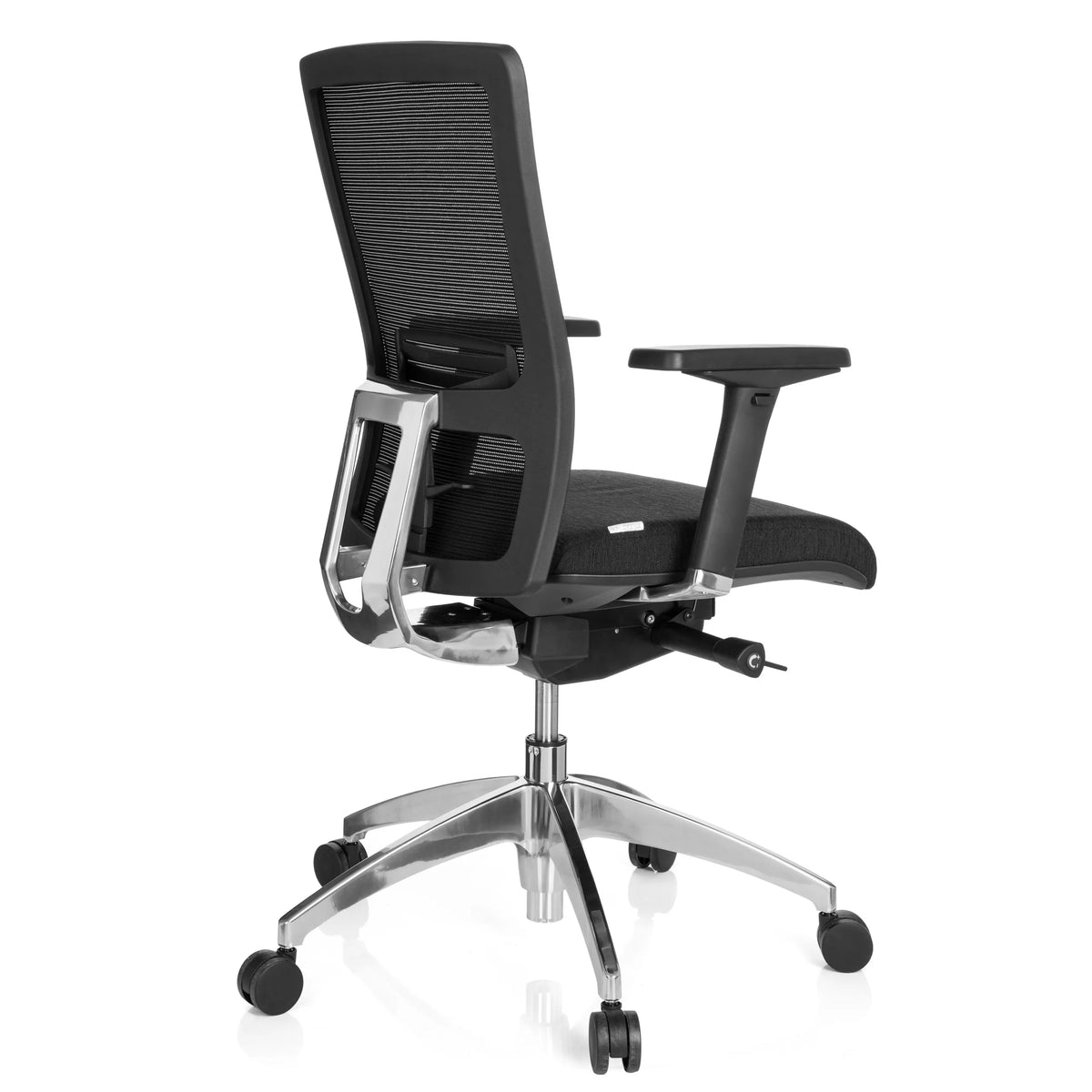 Sedia da ufficio professionale ASTRA BASE N nera con schienale in rete e base lucida a cinque ruote di hjh OFFICE – vista a 360° (vista posteriore a tre quarti 120°)